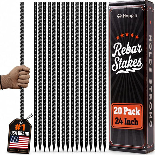 Happin® 24 Inch Rebar Stakes, Straight Garden Stakes Heavy Duty Galvanized Metal Stakes, Landscape Timber, Concrete Form, Tree & Plant Support, Yard Stakes, Ground Anchors (I Shape – 20 Pack)