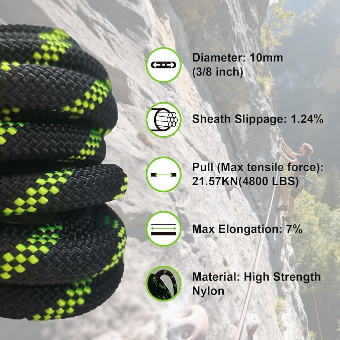 131ft/40m High Strength Static Climbing Rope UIAA Certified 10mm 3/8 Inch Rope Black & Fluorescent Green for Rappelling Fire Rescue & Outdoor Climbing