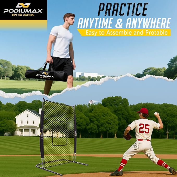 PodiuMax 7x4FT Baseball Pitching Screen with Strike Zone, Batting Net with Upgrade U-Shaped Base, Pitching Net for Pitchers Protection, Baseball I Screen for Fields Batting Cages