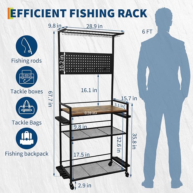 Fishing Rod Holders for Garage, Fishing Pole Rack with 3 Tier Shelf, Heavy Duty Fishing Pole Holders with Pegboard and Basket, Freestanding Fishing Rod Rack Hold up to 12 Fishing Rods, Black