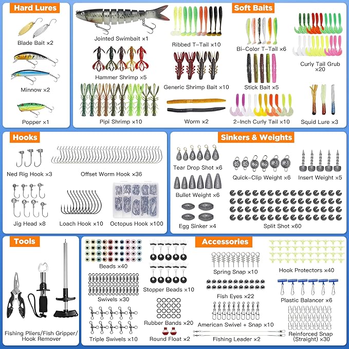 560Pcs Fishing Tackle Box Kit with Lures, Pliers, Hooks & Accessories - 4-Layer Waterproof Storage Box - Complete Fishing Gear Set for Freshwater/Bass Fishing - Ideal Gift for Men