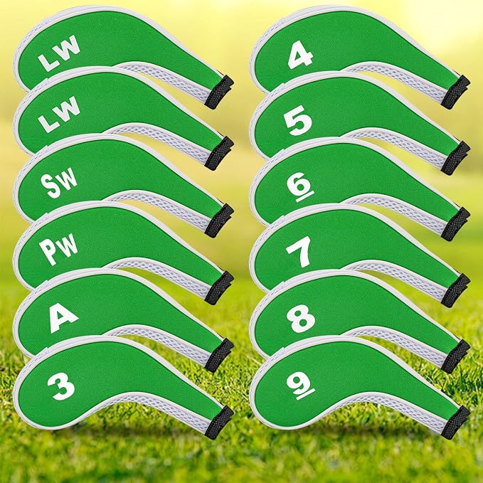 Golf Club 12pcs Thick Synthetic Zipper Long Neck Set Headcover Fit The Most Brands, Side Number Golf Iron Club Head Cover LW SW PW Covers #3,4,5,6,7,8,9