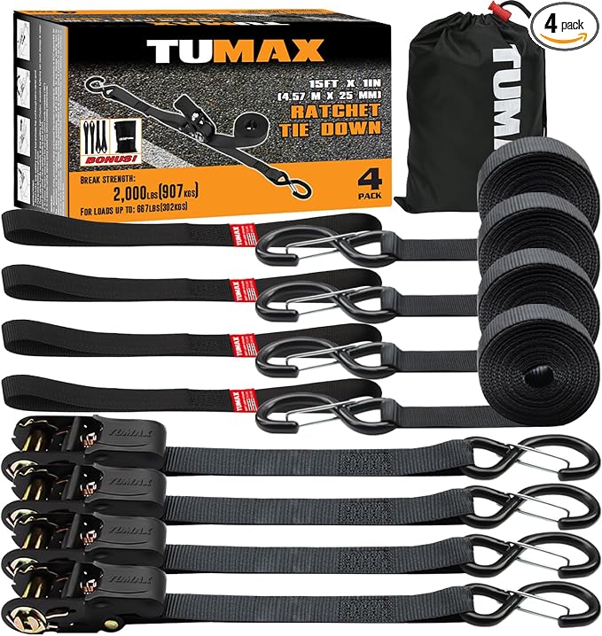 4-Pack Ratchet Straps, 15 FT Heavy Duty Tie Down Straps with 2000 LBs Break Strength, Ergonomic Rubber Handle & 4 Soft Loops, Cargo Straps for Motorcycle, ATV, UTV, Trailer & Moving - Black