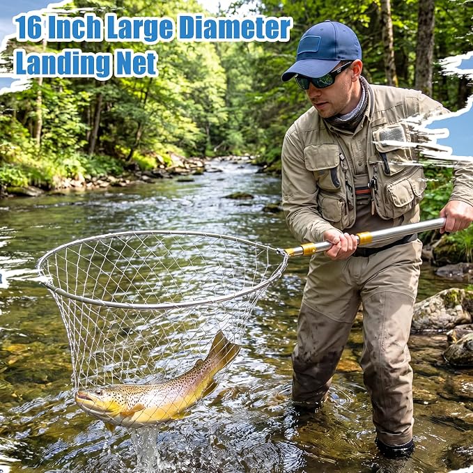 Heavy Duty Fishing Net with 83 Inch Telescopic Stainless Steel Handle 16 Inch Diameter Large Landing Net Foldable Lightweight for Bass Trout Catfish Salmon Steelhead Boat Pier Fishing