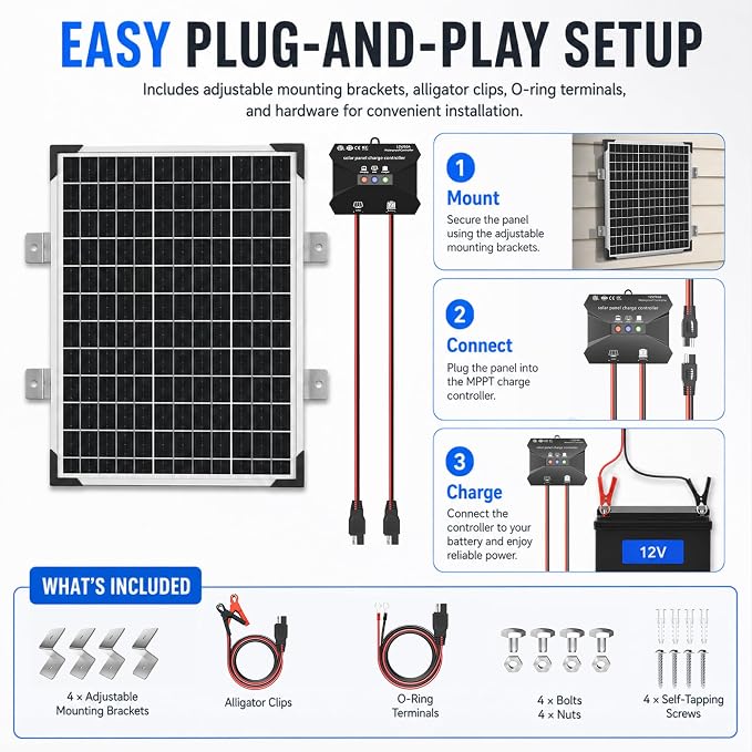 Voltset 50W Solar Panel Kit - 12V Solar Battery Charger Maintainer - IP67 Waterproof Solar Trickle Charger with 10A Smart Charge Controller and Mount Bracket for Boat RV Car Motorcycle Marine Trailer