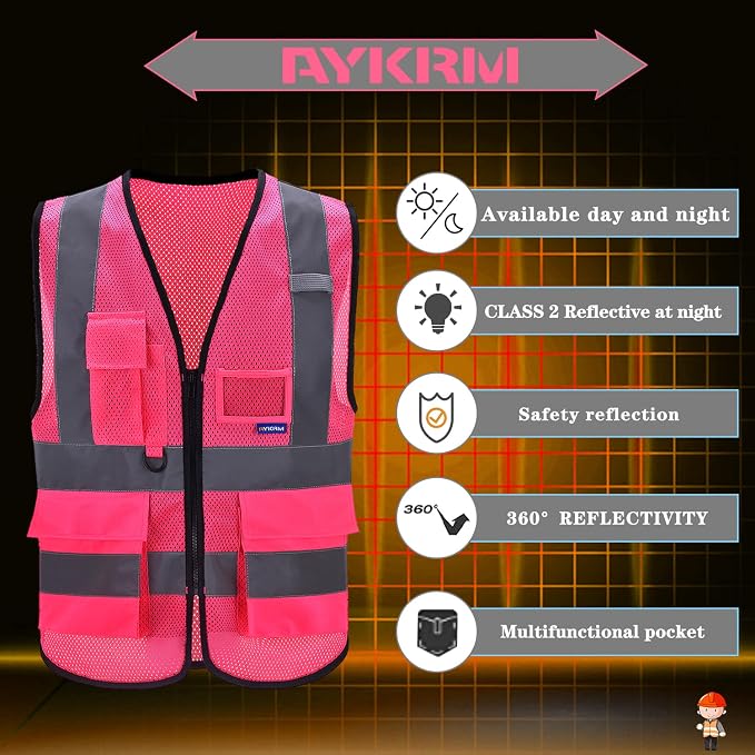 A-SAFETY High Visibility Mesh Safety Reflective Vest with Pockets and Zipper,Hi Viz Work Vest for Men Women (Pink Mesh XL)