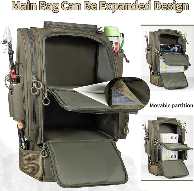 BLISSWILL Large Fishing Backpack with Cooler for 3 Tackle Boxes - Fishing Bag with Rod Holders for Camping and Hiking