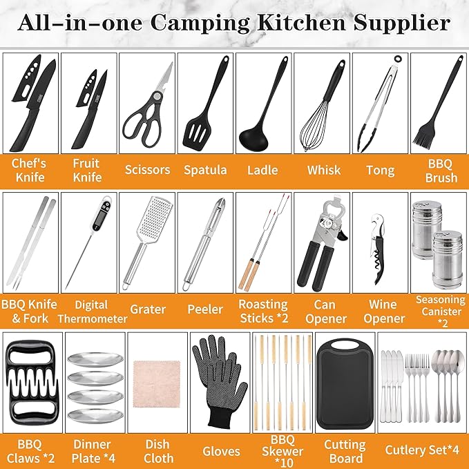 Wesqunie Camping Essentials Cookware Cooking Utensils Set - Portable Camp Kitchen Mess Kit Outdoor Accessories, Stainless Steel & Silicone, Camping Gear Equipment for RV Picnic Grill, 50PCS Green