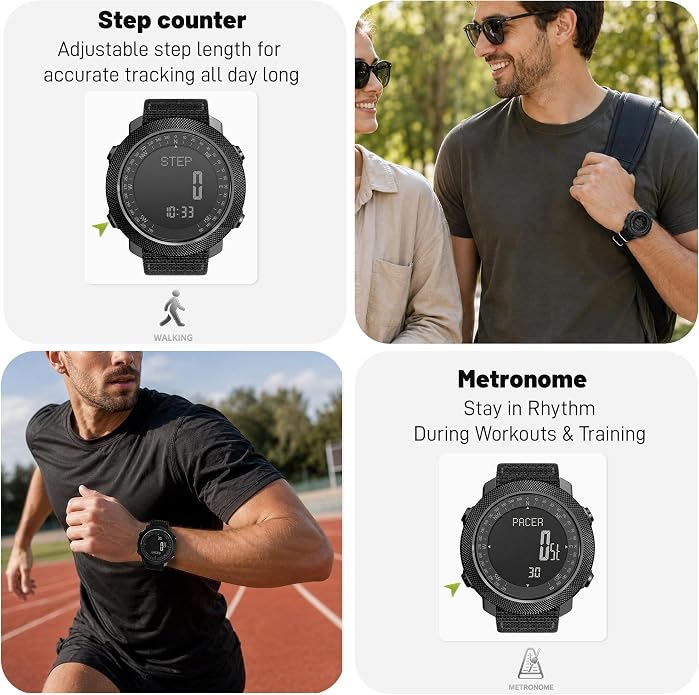CakCity Digital Watch Military Tactical Watches for Men, 50mm Large Face Zinc Alloy Case with Breathable Double-Layer Nylon Strap, 5ATM Waterproof Shockproof, Altimeter, Barometer, Thermometer, Dual Time, Compass, Alarm, Stopwatch, Countdown