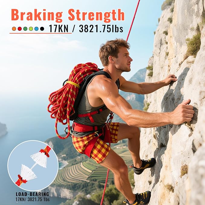 10.5mm Static Climbing Rope - 32FT Heavy Duty Rock Climbing Rope for Adults & Kids, Outdoor Rappelling Ropes for Fire Rescue, Escape, Ice Climbing, Parachute, Caving - Red