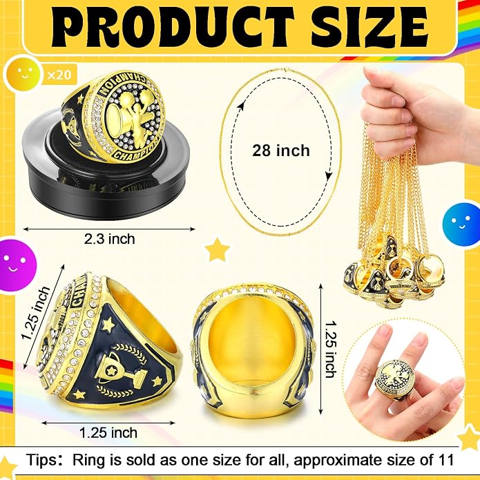 Highergo 20 Pcs Baseball Softball Basketball Football Champion Rings with Display Neck Chain and Stand Volleyball Soccer Cheer Trophy Rings Bulk for Tournament Award Gift