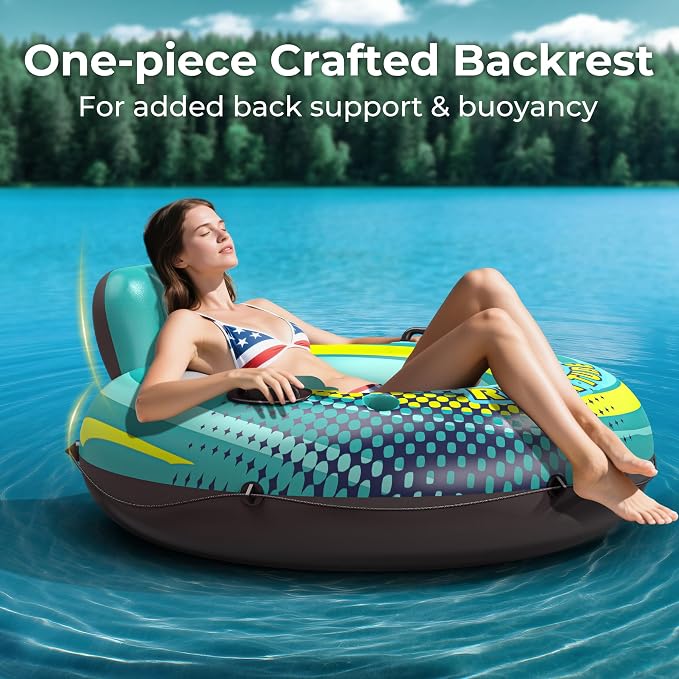 2 Pack 53" Heavy Duty River Tube Float for Adults,Inflatable River Raft Float for Pool Lake Beach with Built-in Cup Holders,Ergonomic Backrest,Durable Grip Handles & Grab Rope,360Lb Weight Capacity