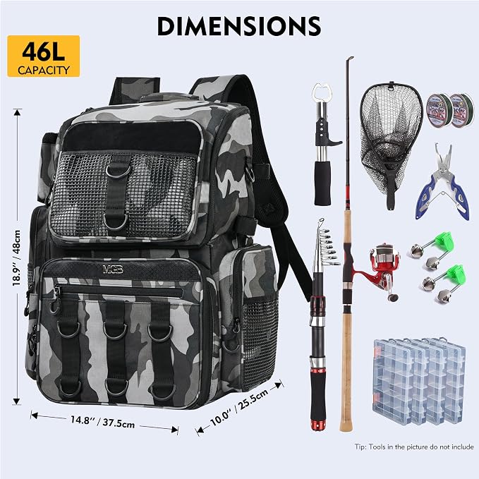 MGB 46L Water-resistant Fishing Tackle Backpack with Rod Holders