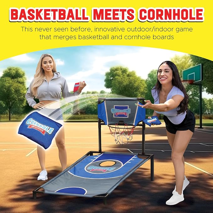 Sports Basketball Net Cornhole Board Set, Basketball & Cornhole in One, Includes 8 Red/Blue Bean Bags, Convenient Carrying Case, Tailgating Fun