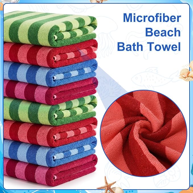 Gilprop 8 Packs Oversized Stripe Beach Towels XL L Microfiber Clearance Pool Towels with Bags Clips Soft Absorbent Quick Dry Camping Swim Towel for Adult Women Men Travel Family (72×36 in,Multicolor)