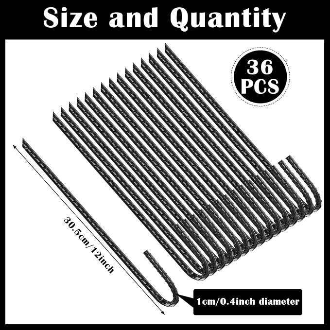 Sadnyy 36 Pack 12 Inch Heavy Duty Rebar Stakes J Hook Ground Anchors - Black Steel Chain Link Fence Stakes for Garden, Trampoline, Tent, Swing Set & Outdoor Anchors with Chisel Point