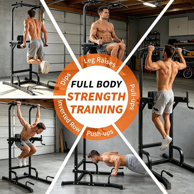 Power Tower Pull Up Bar and Dip Station, 11-Height Adjustable Pull Up Bar Station for Home Gym, Multi-Function Strength Training Fitness Equipment for Pull Ups, Dips, Push Ups & Knee Raises