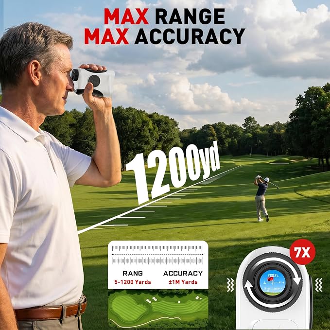 1200 Yards Golf Range Finder with Slope On/Off | 7X Magnification, Rangefinder Gear with Vibration Alert, 25mm HD Objective Lens Golf Stuff, Rechargeable Gift Accessories