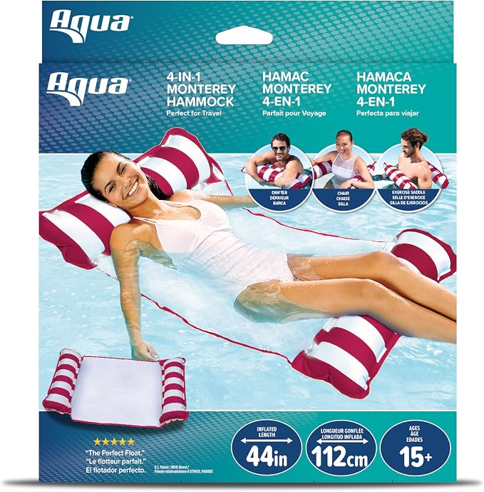 Aqua Original 4-in-1 Monterey Hammock Pool Float & Water Hammock– Multi-Purpose, Inflatable Pool Floats for Adults – Patented Thick, Non-Stick PVC Material – Burgundy