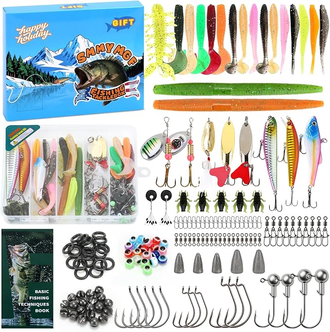 142pcs Fishing Lures Tackle Box Bass Kit with Fishing Techniques Book | 1.Exquisite packaging 2.suitable for beginners and gifts for kids 3.experiment with different fishing techniques