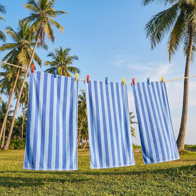 Gilprop 8 Packs Oversized Stripe Beach Towels XL L Microfiber Clearance Pool Towels with Bags Clips Soft Absorbent Quick Dry Camping Swim Towel for Adult Women Men Travel Family (60×30 in,Blue)