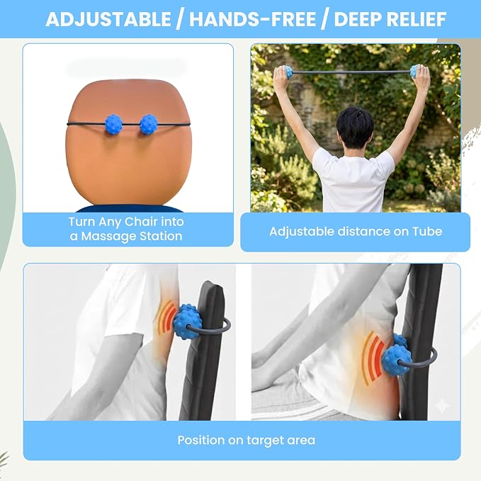 Adjustable Back Massage Peaunt Balls with Stretchable TPE Elastic Tube for Chair, 32"–64", Peanut Massage Roller for Deep Tissue Relief, Trigger Point Massager for Neck, Back & Shoulders