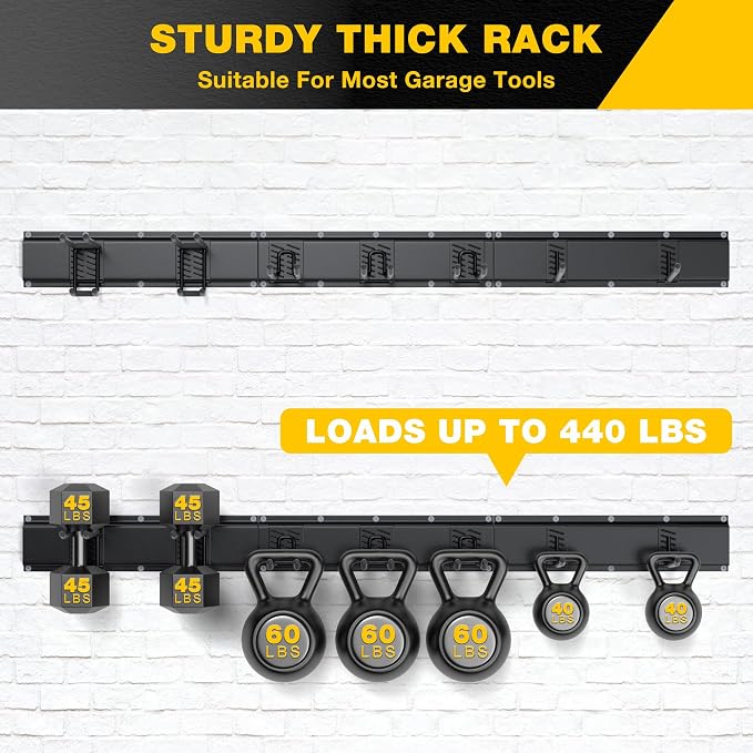 Garage Tool Organizer Wall Mount with 48 inches Rails and 7 Adjustable Heavy-Duty Hooks, Garden Tool Organizer, 10 Pack Carries 440 lbs, Heavy Duty Garage Storage Rack For Yard, Shed, Easy to install