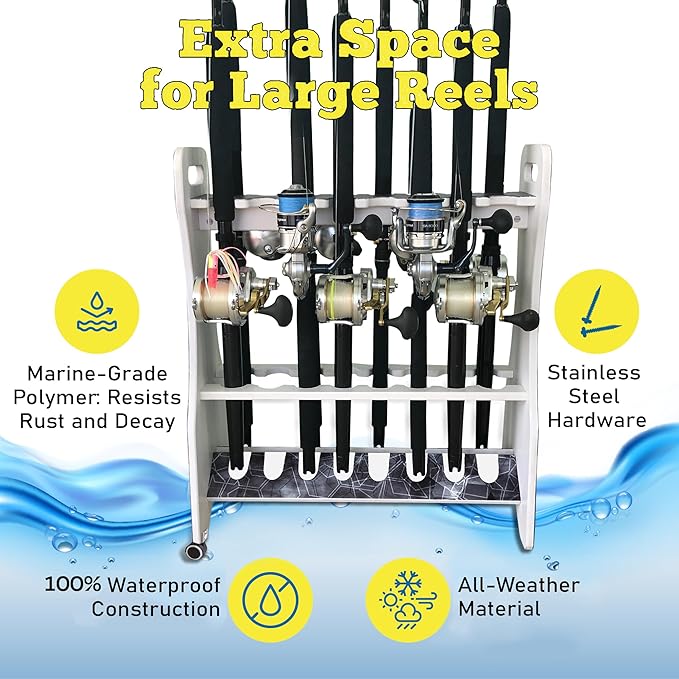 Rush Creek Creations Reel Salty Waterproof Marine Grade 16 Rolling Fishing Rod Holder Dock/Garage Storage Rack, Father's Day Gift, Gift for Dad and Grandpa, Gray/White, 29.8" L x 11.6" W x 30.9" H