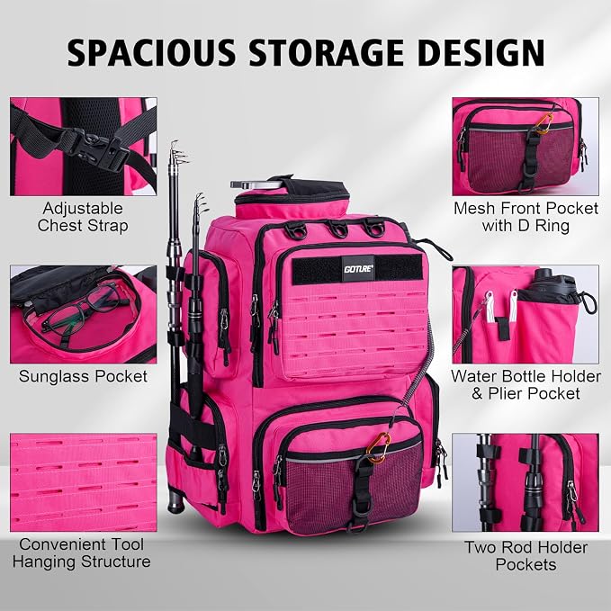 Goture Fishing Backpack with 4 Tackle Boxes,900D Water-Resistant Tackle Backpack with Rod Holders,45L Large Fishing Bag Storage Gear Tackle Bag with Rain Cover,Bottle Holder for Travel Camping Hiking