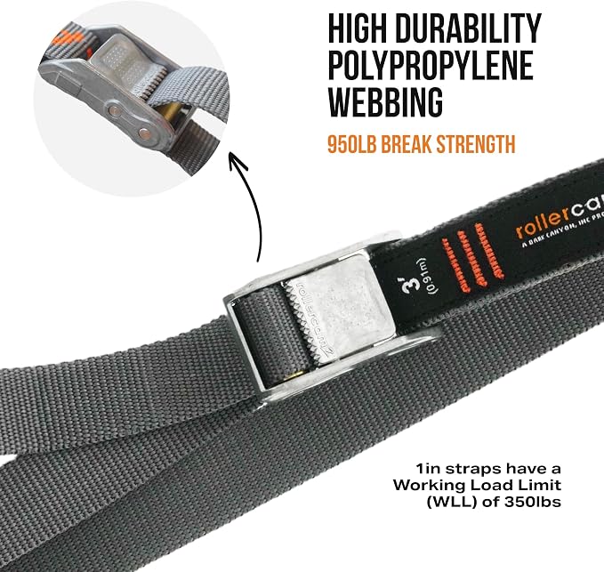 Rollercam 1.0” Tiedown Straps with Rollercam Buckle - Cam Strap Polypropylene Webbing with Triple-Bar Tack Stitching – Outdoor Gear Heavy-Duty Lashing Straps, 350lb Load, Straight End, 4 Pack, 15 Foot