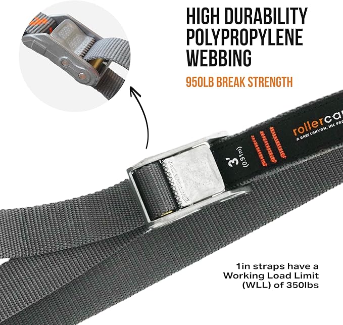 Rollercam 1.0” Tiedown Straps with Rollercam Buckle - Cam Strap Polypropylene Webbing with Triple-Bar Tack Stitching – Outdoor Gear Heavy-Duty Lashing Straps, 350 lb Load, Loop End, 4 Pack, 6 Foot