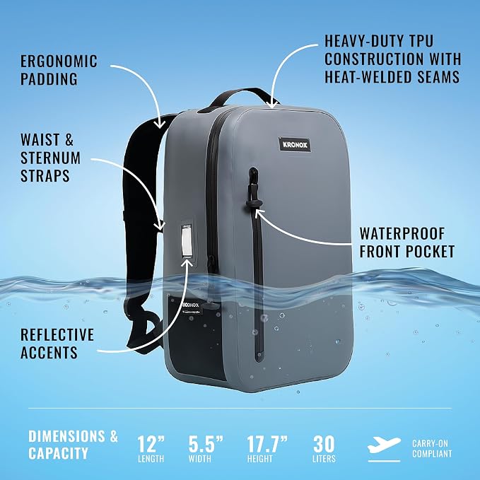 KRONOX 30L Waterproof Backpack for Men – IPX7 Submersible Dry Bag, Lightweight & Durable for Travel, Motorcycle, Kayak
