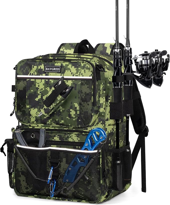 Fishing Backpack with Removable Bait Binder, Large Water Resistant Tackle Bag Storage Gear and Equipment for Fishing, Camping, Hiking, Green