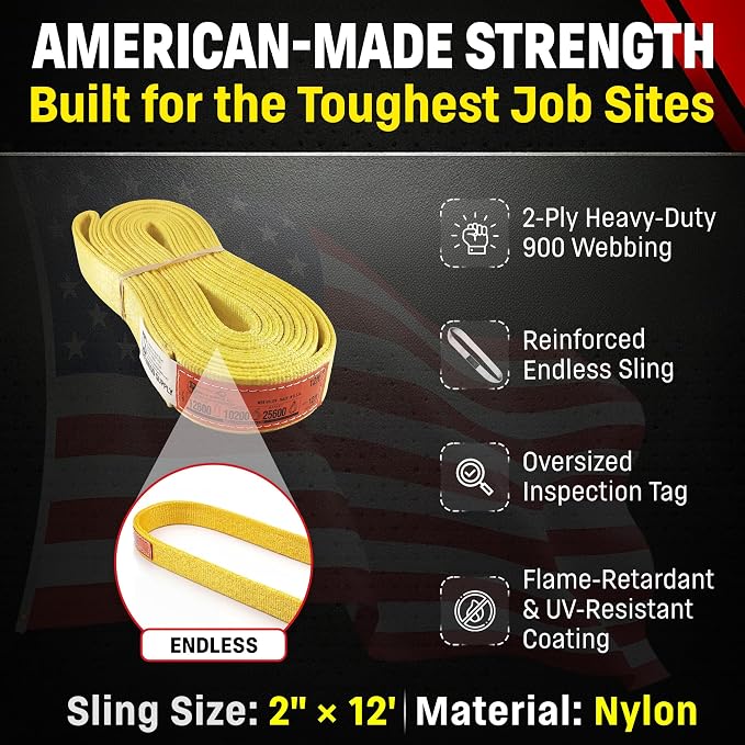 DD Sling 2" x 12' Nylon Endless Lifting Sling – USA Made, 12,800 lb Vertical, 10,200 lb Choker, 25,600 lb Basket – 2 Ply Heavy Duty 900 Webbing, Type 5 Endless Rigging Sling