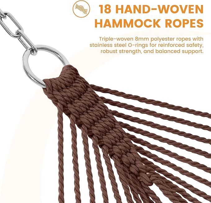 Lazy Daze Hammocks 10.5 FT Double 2 Person Caribbean Rope Hammock, Hand Woven Polyester Hammock with Spreader Bars for Outdoor Backyard Patio Poolside, 450 LBS Capacity, Brown