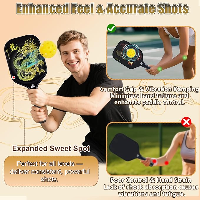 Pickleball Paddles Set of 2 – Lightweight T700 Carbon Fiber Pickleball Paddles, Durable 2 Paddles + 4 Outdoor Balls + Bag, Best for Beginner & Pro