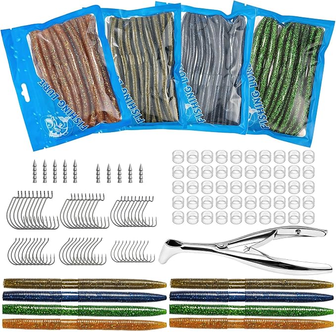Wacky Worms for Bass Fishing, Fableblis 161Pcs 5.5" Soft Plastic Fishing Lures Kits, Fishing Worm Baits with Wacky Rig Tool, Thick O-Rings, Hooks, Weights, Complete Starter Kit for Freshwater Fishing