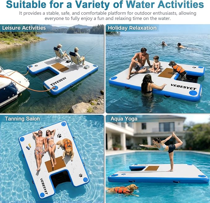 Inflatable Dock with Water Ramp, 6 inch Thick Non-Slip Inflatable Floating Dock for Dogs & Adults, Durable Drop-Stitch Floating Dock Platform for Lake, Ocean, Swimming & Fishing