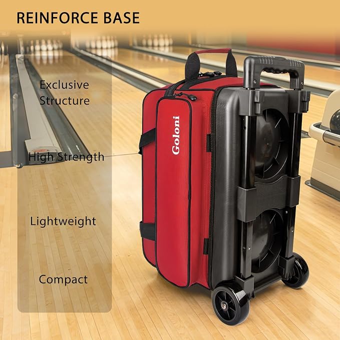 Goloni Double Roller 2 Ball Bowling Bag with Separate Shoe Compartment,2 Ball Bowling Bag with Wheels,Retractable Handle Extends to 40"