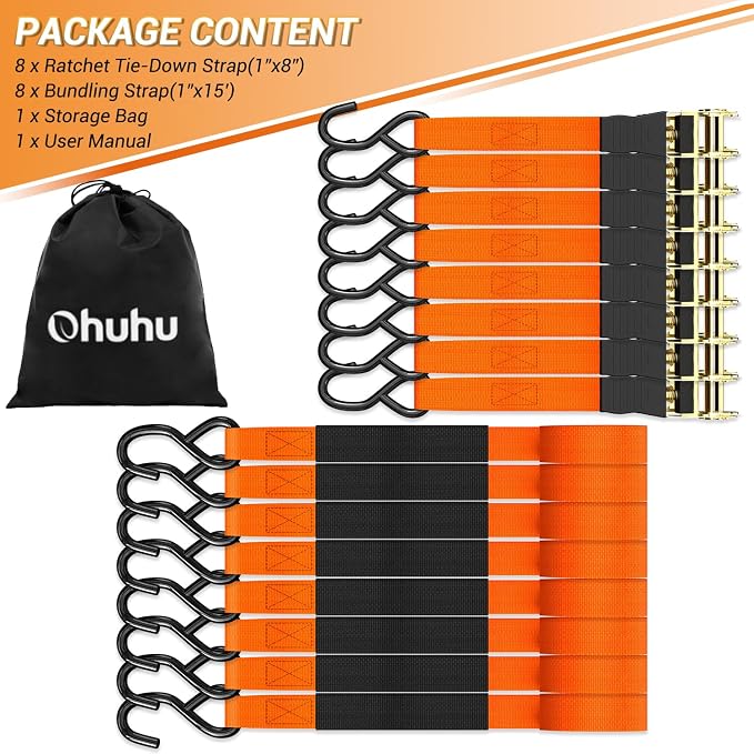 Ratchet Tie Down Strap 8-Pack 15 Ft - 500 lbs Load Cap with 1500 lbs Breaking Limit, Ohuhu Ratchet Tie Downs Logistic Cargo Straps for Moving Appliances, Motorcycle, Orange