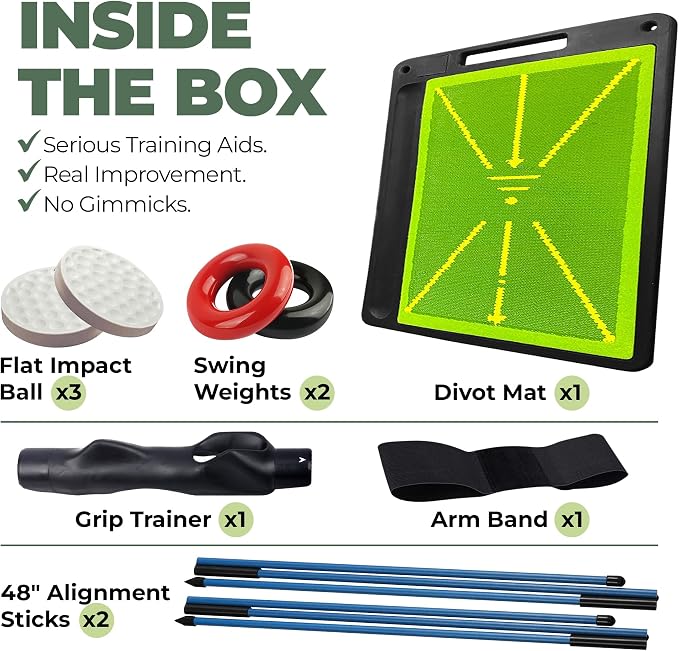 6-in-1 Golf Swing Trainer with Divot Board, Golf Grip Trainer, Alignment Sticks and Training Aid | Golf Accessories for Men & Women | Hitting Mat Practice Indoor & Outdoor