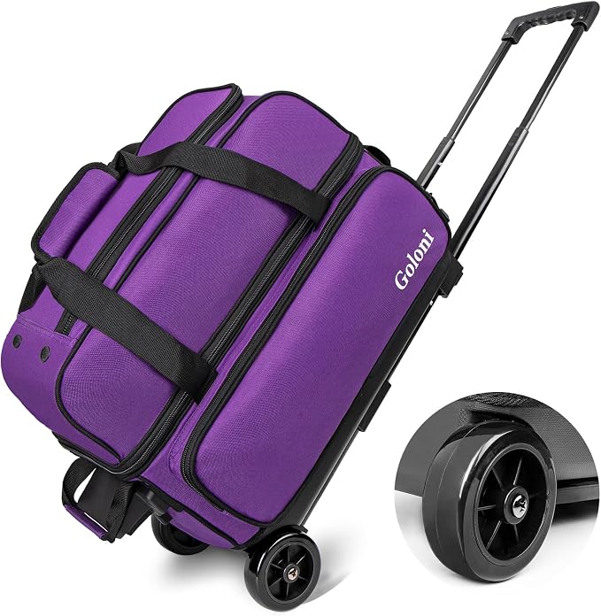 Goloni Double Roller 2 Ball Bowling Bag with Separate Shoe Compartment,2 Ball Bowling Bag with Wheels,Retractable Handle Extends to 40"