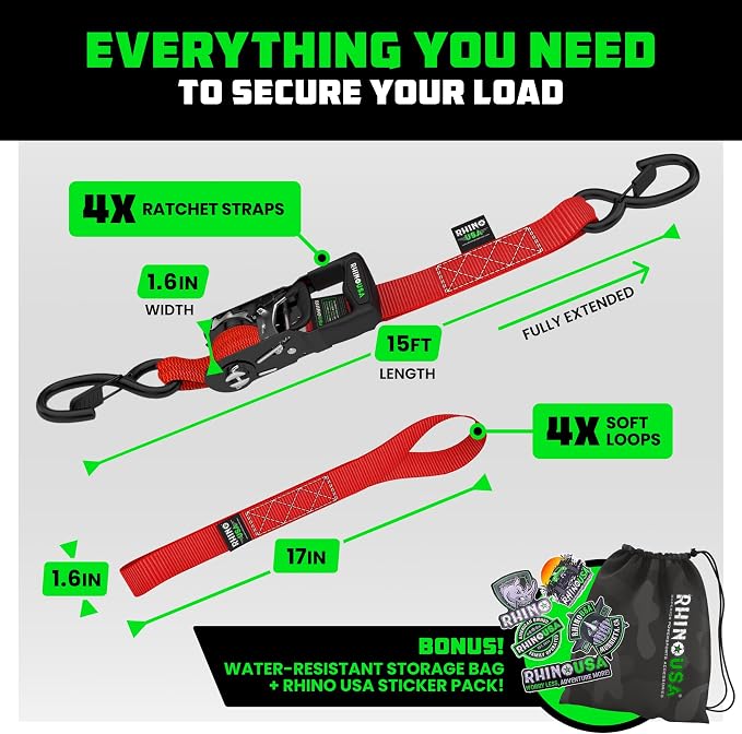 Rhino USA Ratchet Straps Heavy Duty Kit (4-Pack) - 1.6 Inch x 15 Feet Min Break Strength (5,000) - Ultimate Tie Down Straps with Safety S Hooks for Trucks, ATV, UTV, Motorcycle, Cargo & More - Red