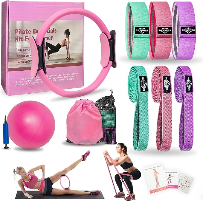 DICYWUDI Pilates Essentials Kit for Home Women, Pilates Equipment for Workouts, 6 Fabric Resistance Bands, 12 Inch Magic Circle Yoga Ring, Mini Exercise Ball, Great Exercise Equipment