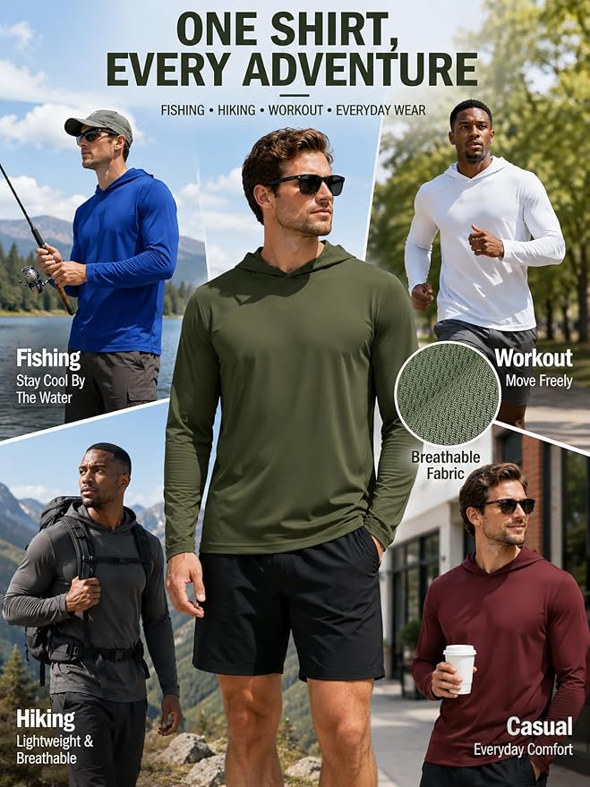 ZITY 3 Pack Men's UPF 50+ Sun Protection Hoodie Shirt Long Sleeve Shirt Fishing Shirts for Men Lightweight Rash Guard