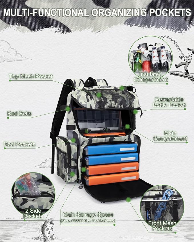Fishing Backpack, Large Water Resistant Tackle Bag Storage Fishing Gear and Equipment, Built-in Cooler Compartment Grey
