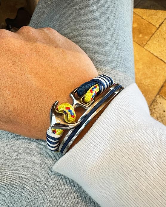 Men's Nautical Anchor Cuff Bracelet, Handmade Black & Blue Stainless Steel Rope Wristband with Lobster Claw Clasp