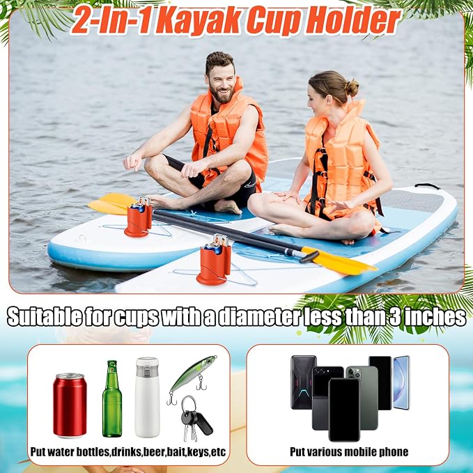 2 Pcs Paddleboard Cup Holder 2-in-1 Paddle Board and Kayak Drink and Phone Holder Paddle Board Accessories for Surfboards, Canoes, Sups, Kayaks, Boats (Orange)