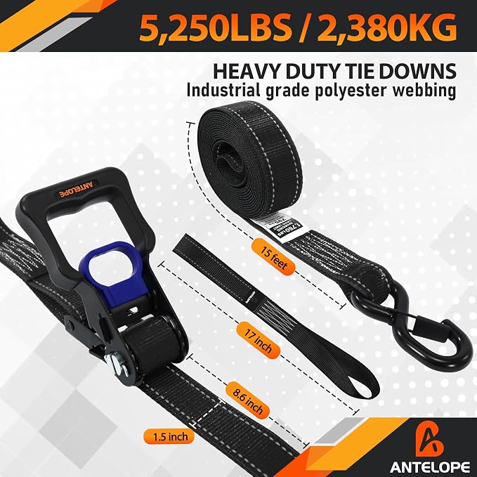 Ratchet Tie Down Straps Set, 5250 LBS Breaking Strength, 4 Pack 1.5" x 15' Heavy Duty Ratchet Straps, Cargo Strap, Motorcycle Straps for Trucks, Bicycle, Kayak, Moving, Tie Downs with S Hooks, Black