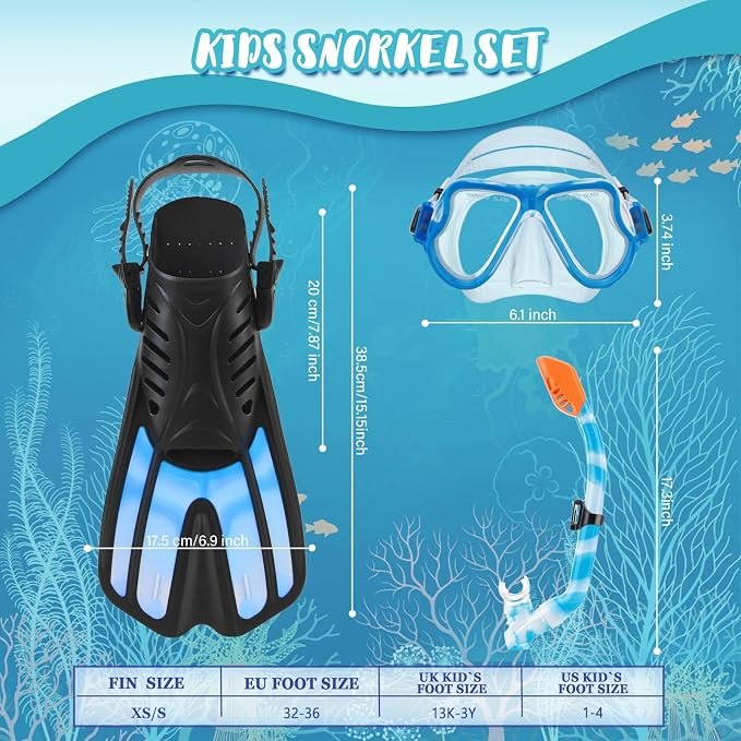 Snorkeling Gear for Kids, 4 in 1 Child Mask Fins Snorkel Set with Panoramic View Anti Fog Mask, Dry Top Snorkel, Trek Fins and Travel Bag, Kids Snorkeling Set with Fins for Snorkeling Swimming